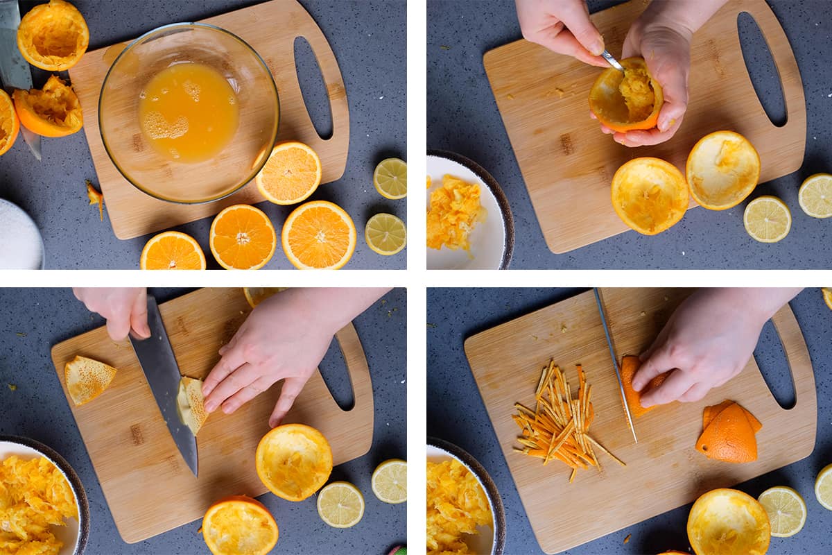 A collage of four pictures showing how to prepare oranges to make orange jam.