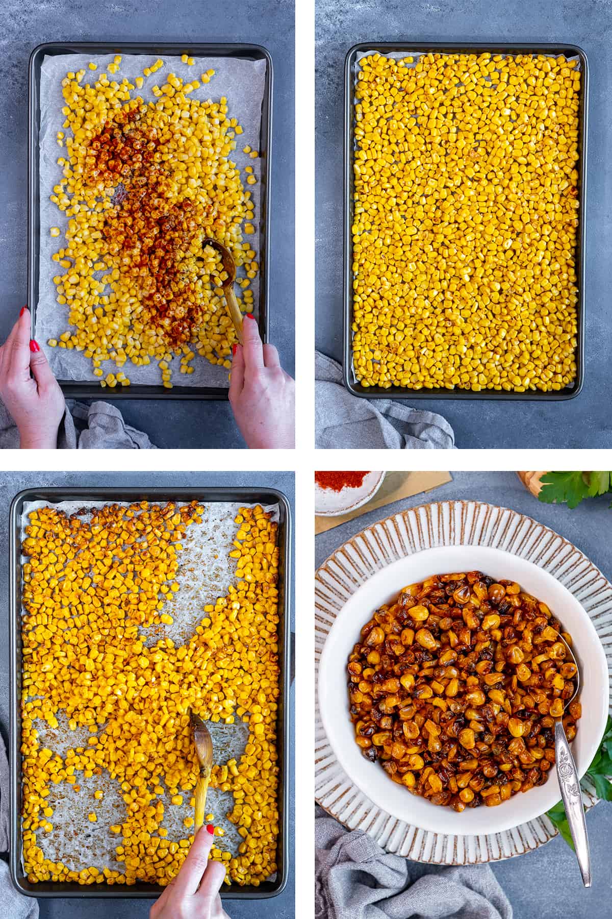 A collage of four pictures showing the steps of making roasted corn kernels.