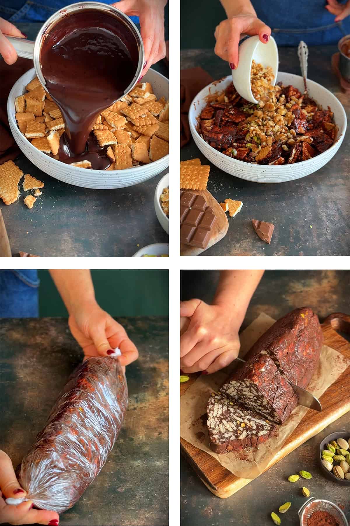 Step-by-step photos showing how to make Turkish Mosaic Cake: pouring chocolate sauce over biscuits, adding nuts, shaping with plastic wrap, and slicing the chilled cake.