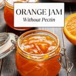 Orange marmalade in glass jars on a wooden background.