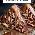 Triangular slices of Turkish Mosaic Cake with melted chocolate on top, labeled for Pinterest with the text “Turkish Mosaic Cake”.