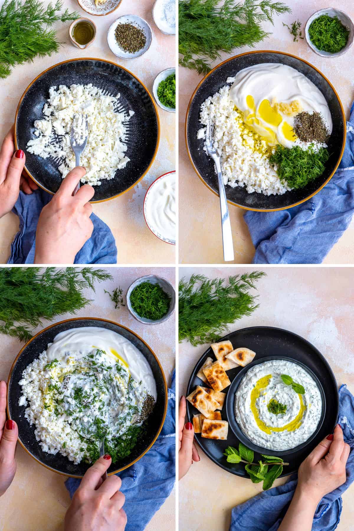 Overhead step-by-step collage showing how to make Turkish haydari dip with crumbled feta cheese, thick yogurt, dill, garlic and dried mint mixed together in a bowl, then served with toasted bread pieces and olive oil on top.