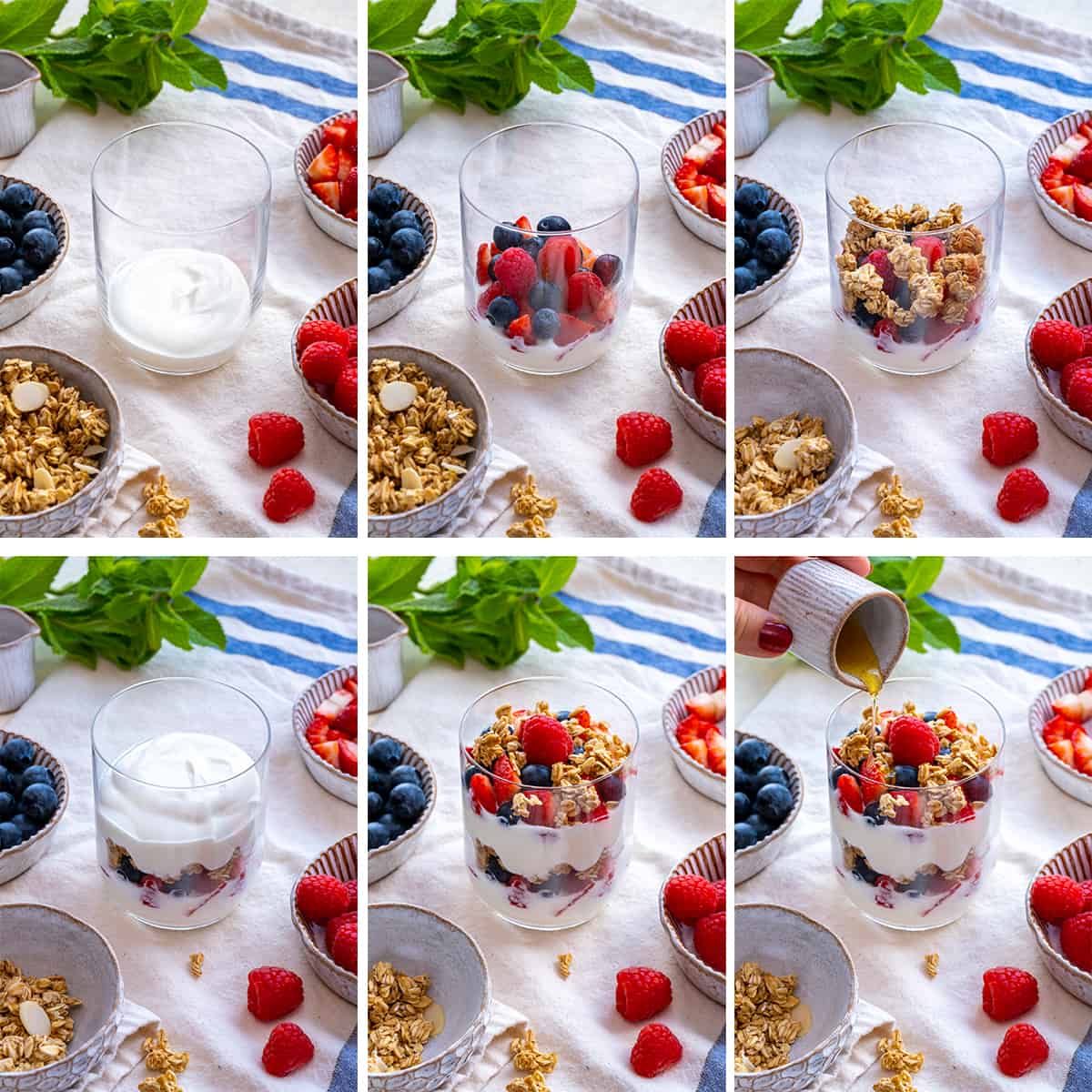 A collage of images showing how to make layers for a yogurt parfait.