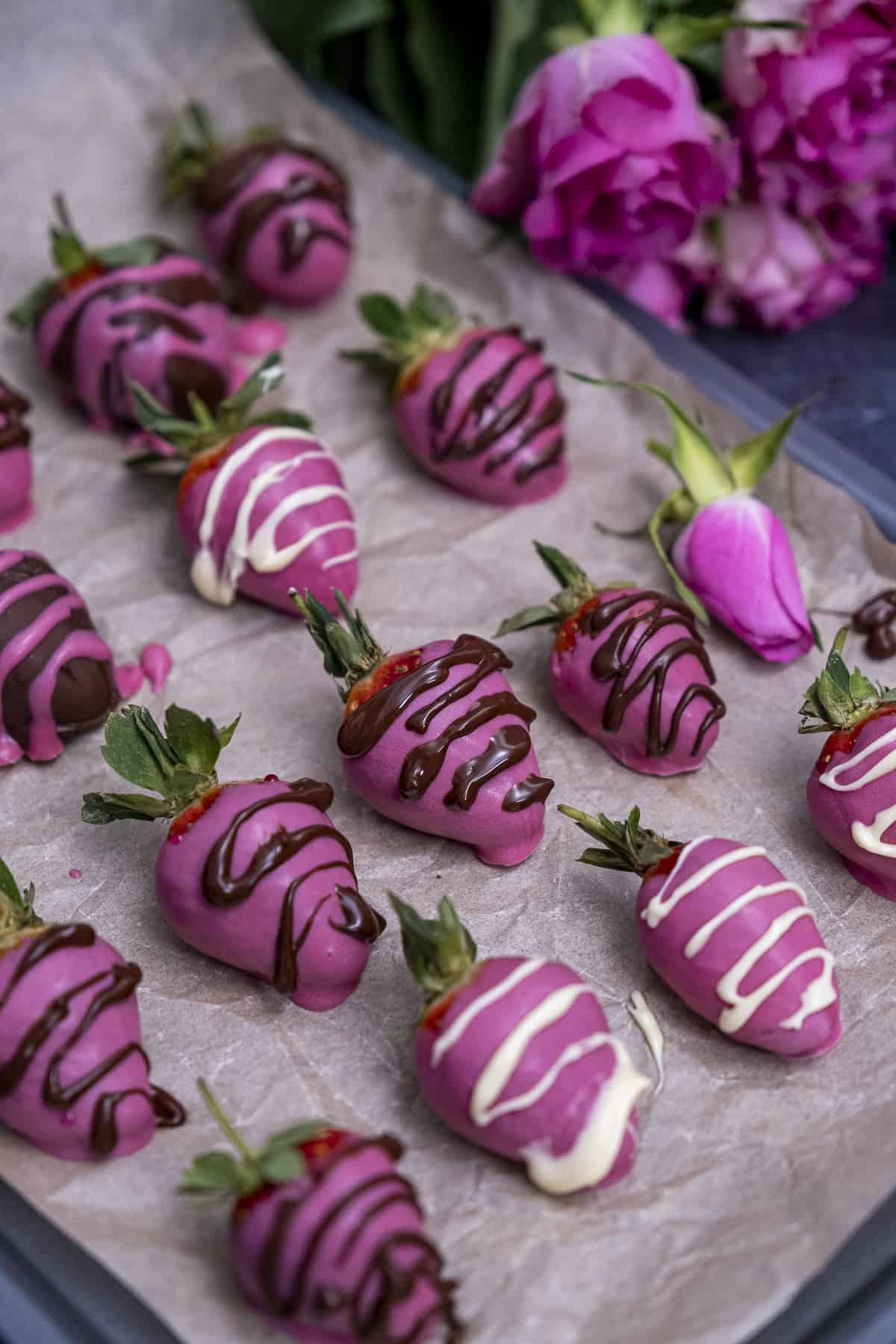 Pink strawberries decorated with white and dark chocolate drizzles and pink roses behind them.