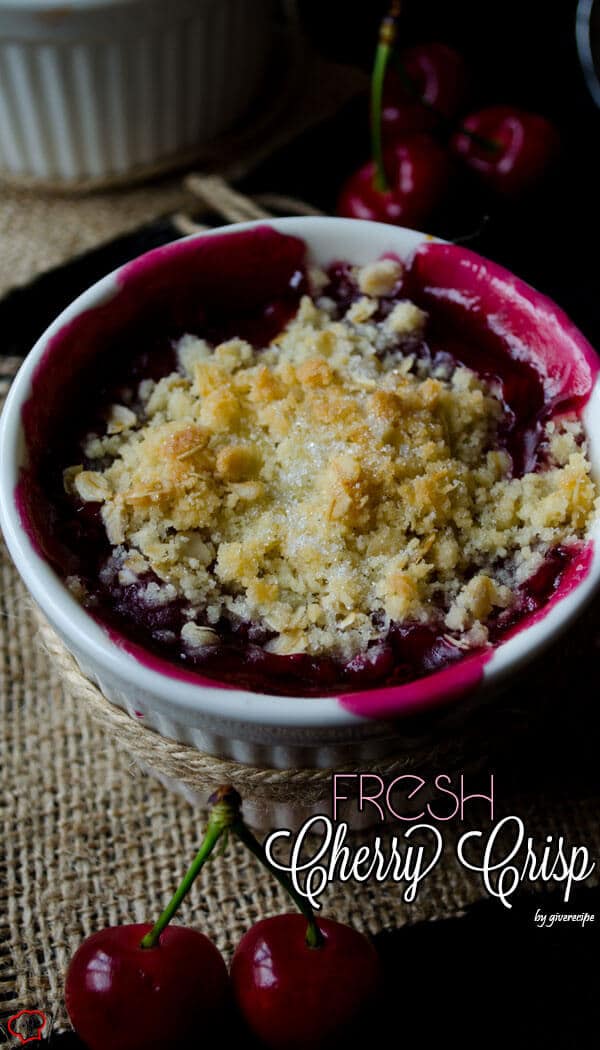 Fresh Cherry Crisp in a white ramekin