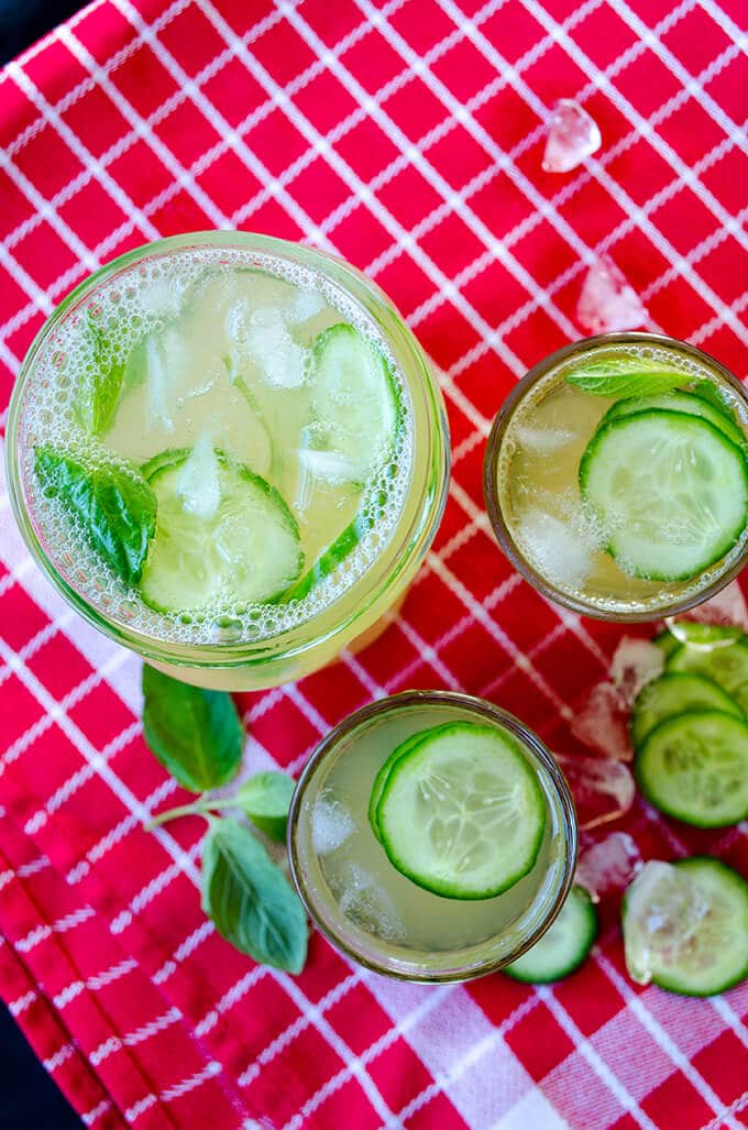 Fresh cucumber mint lemonade in glasses 