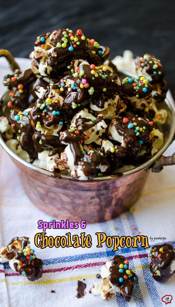 Sprinkles Chocolate Popcorn | giverecipe.com | #chocolate #popcorn #sprinkles #partyfood #snack