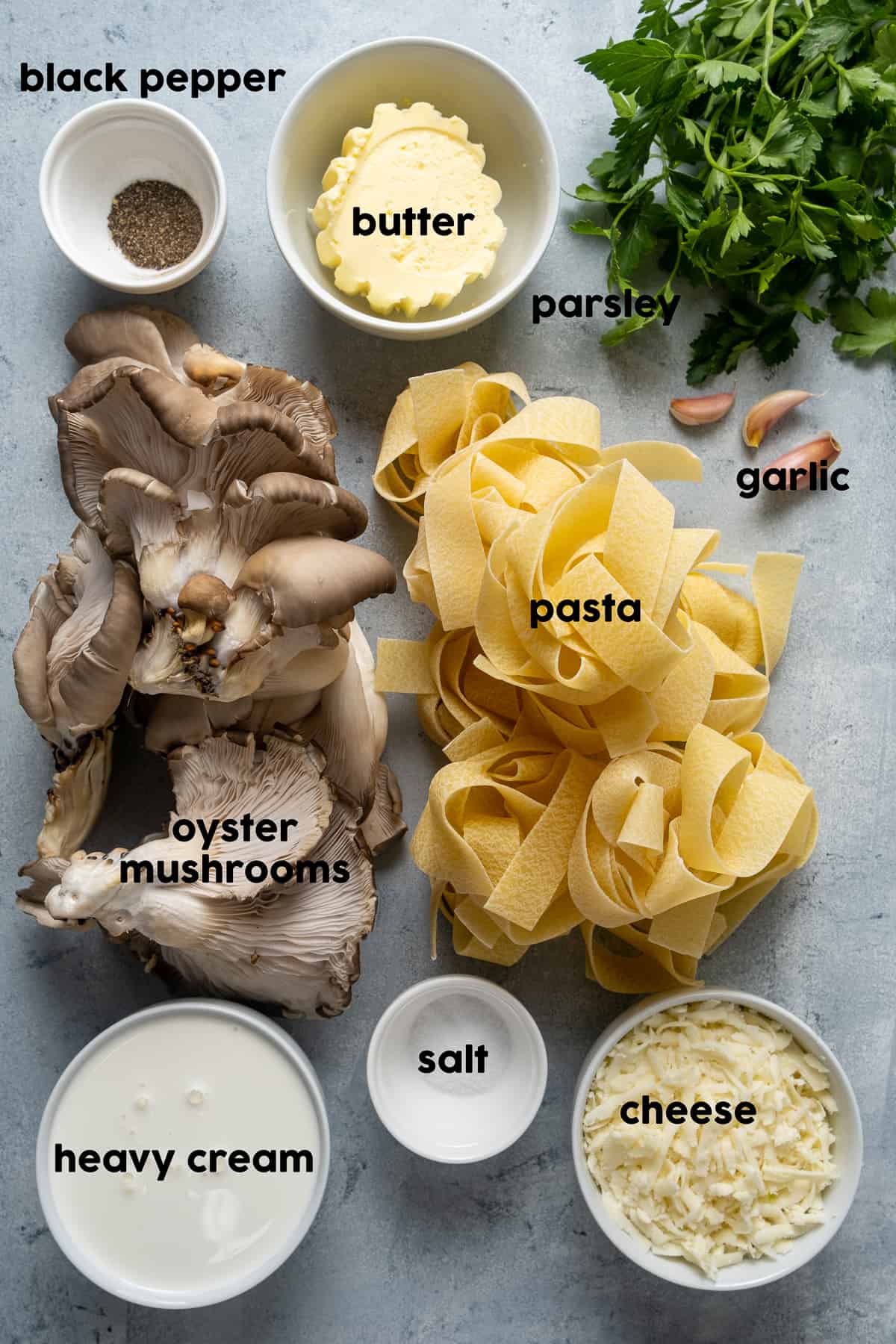 Oyster mushrooms, pappardelle pasta, garlic cloves, parsley, butter, heavy cream, grated cheese, salt and pepper on a grey background.