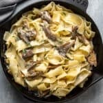 Oyster mushroom pasta in a cast iron skillet.