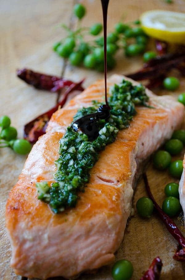 Pan-Fried Salmon with Green Sauce | giverecipe.com | #salmonrecipes #greensauce #healthyrecipes #seafood #fishrecipes