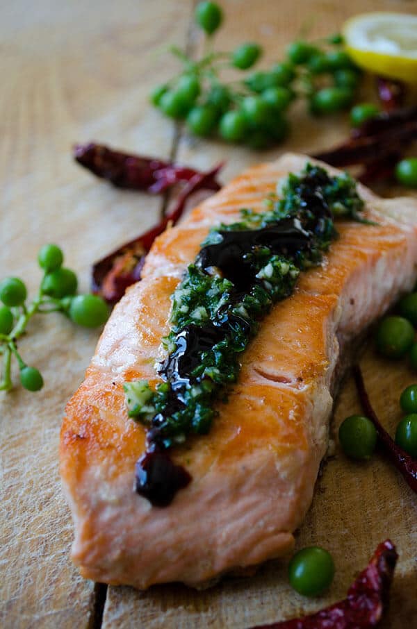 Pan-Fried Salmon with Green Sauce | giverecipe.com | #salmonrecipes #greensauce #healthyrecipes #seafood #fishrecipes