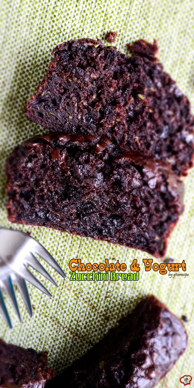Zucchini is the secret which makes this Chocolate and Yogurt Zucchini Bread wonderfully moist. Do you hear me zucchini haters? I’m pretty sure that you will be making this bread quite often! Chocolate and chocolate chip zucchini bread slices with forks on the side