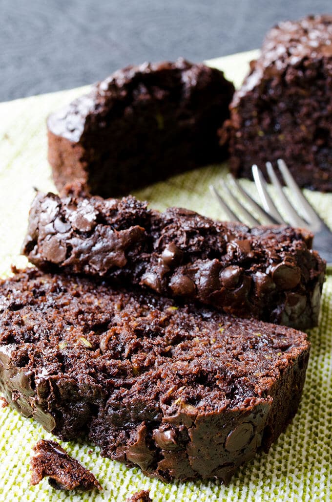 Slices of super moist and chocolaty zucchini bread