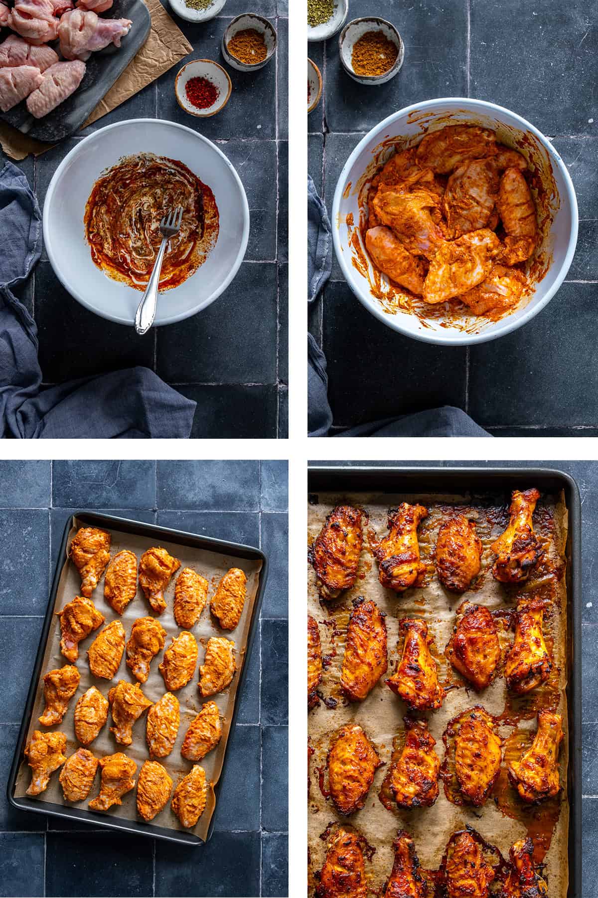 Step-by-step process of making Turkish chicken wings: mixing marinade, coating wings, arranging on a tray, and baking until golden.