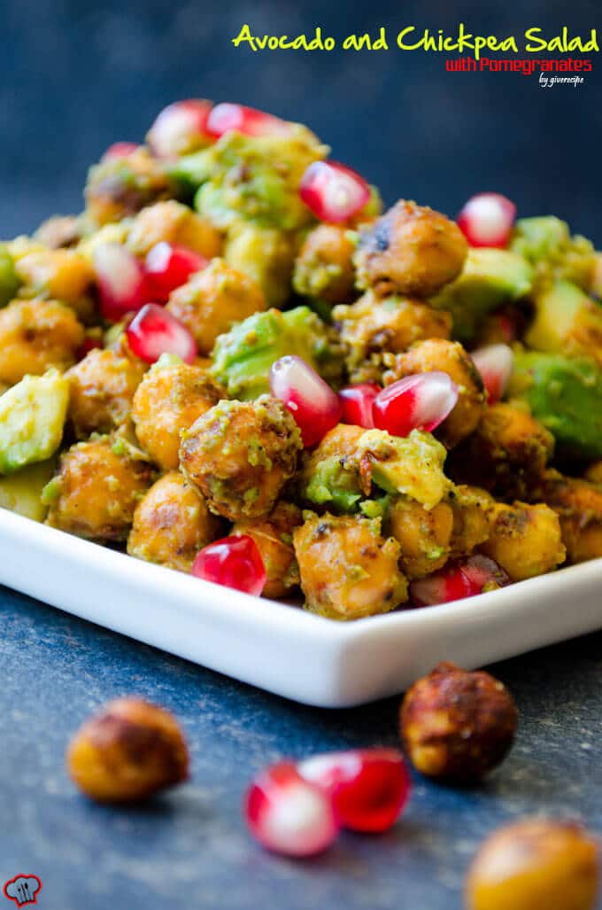 Avocado Chickpea Salad with pomegranate seeds is packed with flavors. Spicy, tangy and addictive! This is a scrumptious gluten free and vegan side dish you can eat even as a snack. 