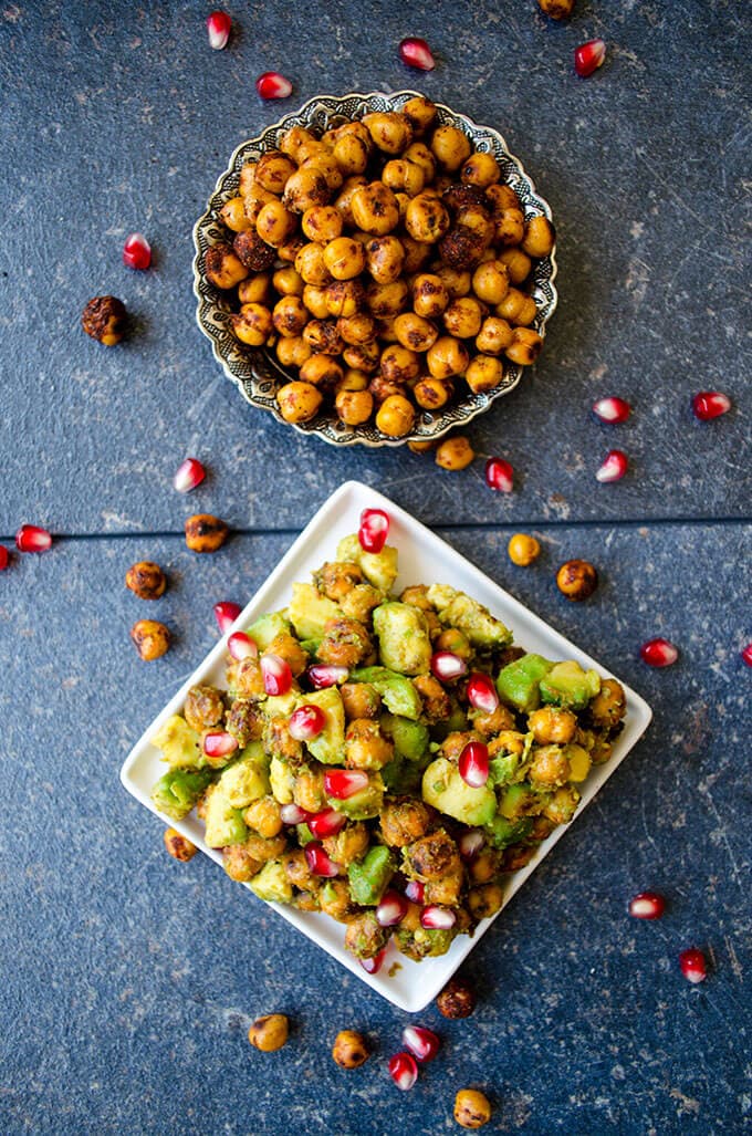 Avocado Chickpea Salad with pomegranate seeds is packed with flavors. Spicy, tangy and addictive! This is a scrumptious gluten free and vegan side dish you can eat even as a snack.