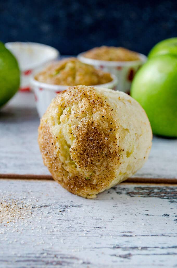 Zucchini Apple Cinnamon Muffins with cinnamon sugar topping. Wonderfully moist thanks to zucchini, applesauce, grated apple and yogurt. Perfect on the go breakfast in fall! #zucchinirecipes #applecinnamonmuffins #fallbaking #zucchinimuffins Zucchini Cinnamon Apple Muffins on a white backdrop