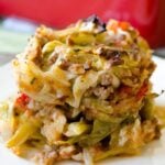 Unstuffed cabbage roll casserole with rice and beef served on a white plate