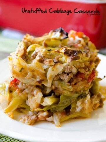 Unstuffed cabbage roll casserole with rice and beef served on a white plate