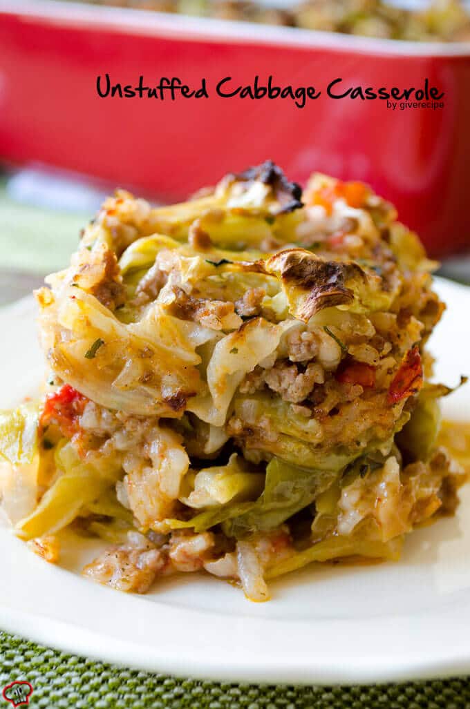 A slice of unstuffed cabbage roll casserole served on a white plate