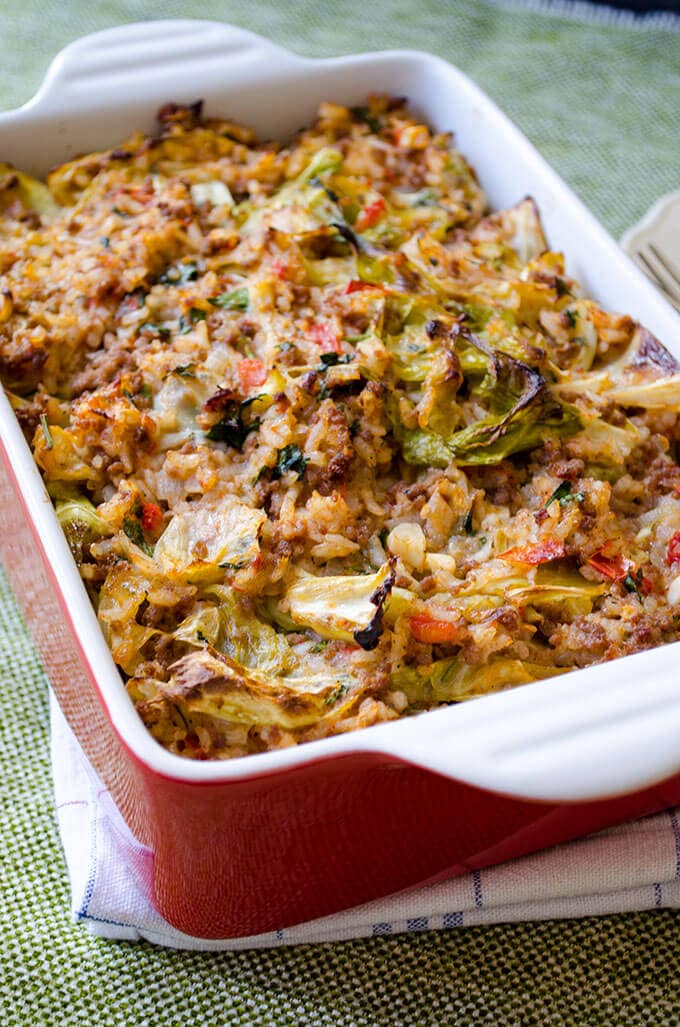 Unstuffed cabbage rolls with beef and rice in a casserole pan right from oven