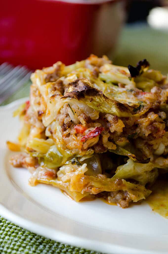 Unstuffed cabbage roll casserole with rice and beef served on a white plate