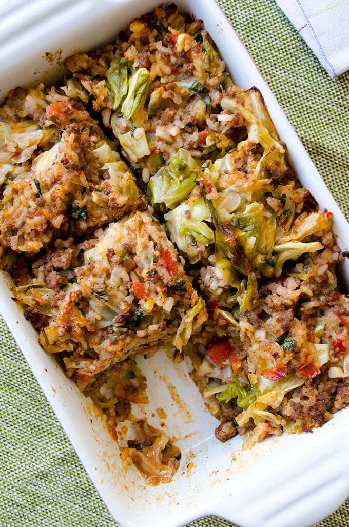 Unstuffed cabbage casserole with ground beef and rice in a baking pan