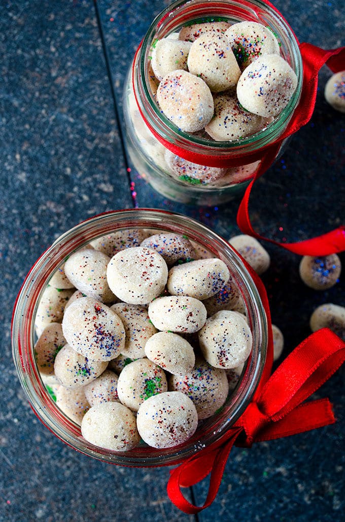 Meltaway cookies with colorful sprinkles as a Christmas gift in jars