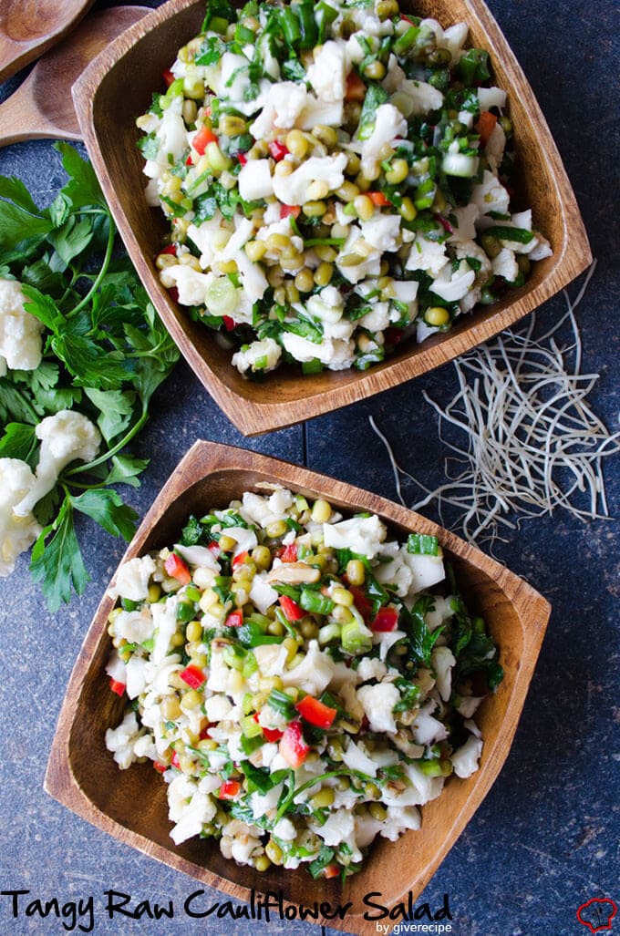 Tangy Raw Cauliflower Salad | giverecipe.com | #cauliflower #salad #mungbeans