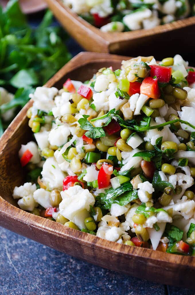 Tangy Raw Cauliflower Salad | giverecipe.com | #cauliflower #salad #mungbeans