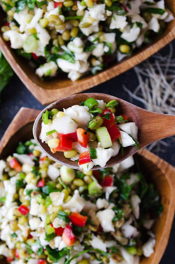 Tangy Raw Cauliflower Salad | giverecipe.com | #cauliflower #salad #mungbeans