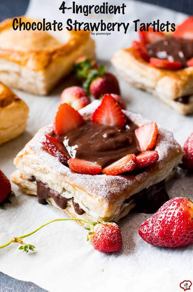 4-Ingredient Chocolate Strawberry Tartlets | giverecipe.com | #strawberry #puffpastry