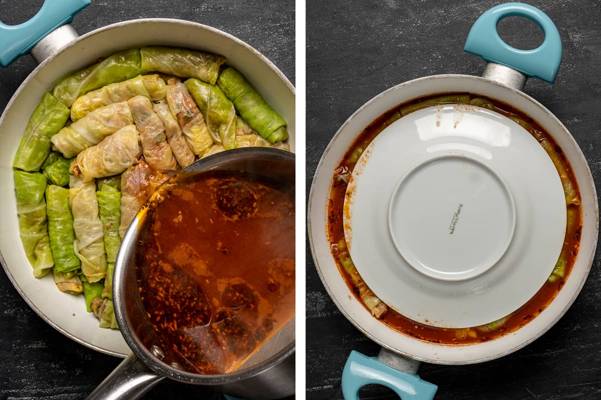 Two images showing uncooked cabbage rolls in a white pan with a tomato sauce and with a plate on their top.