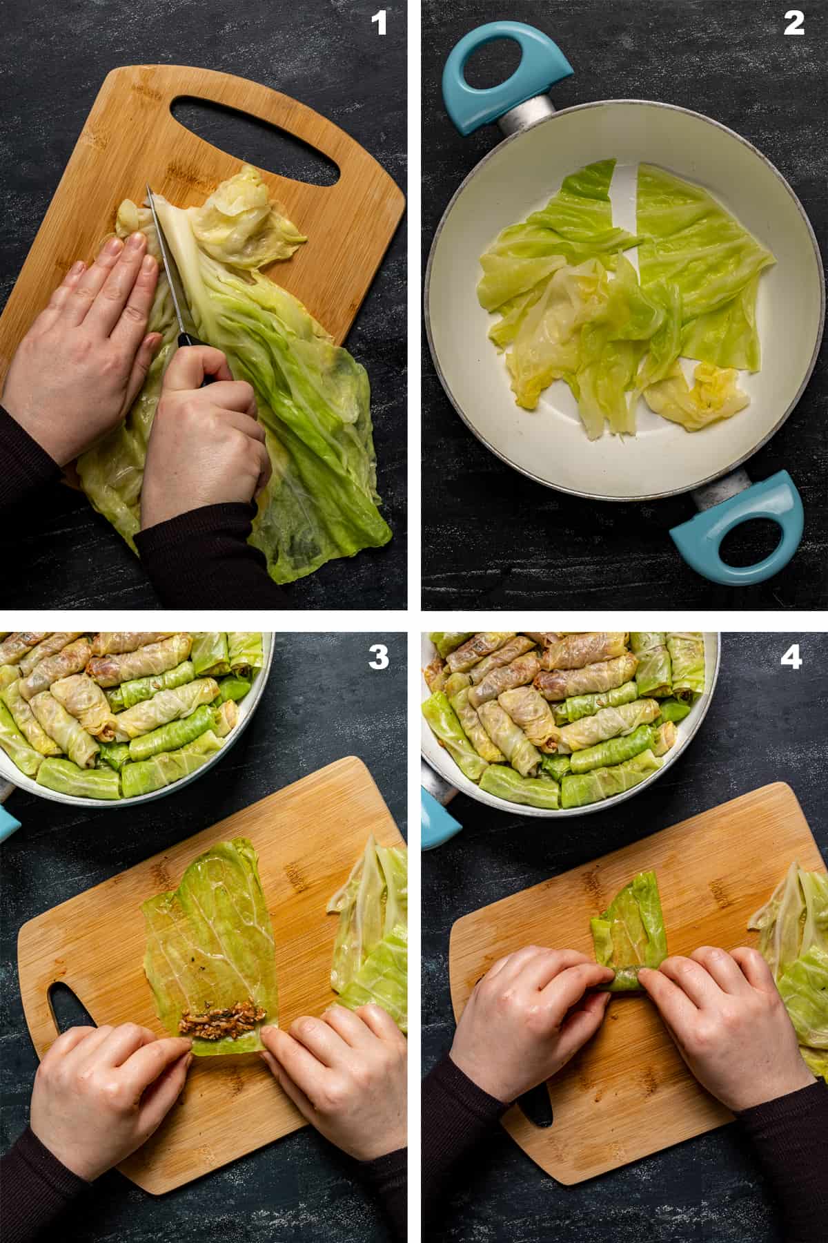 4 images showing how to make cabbage rolls.