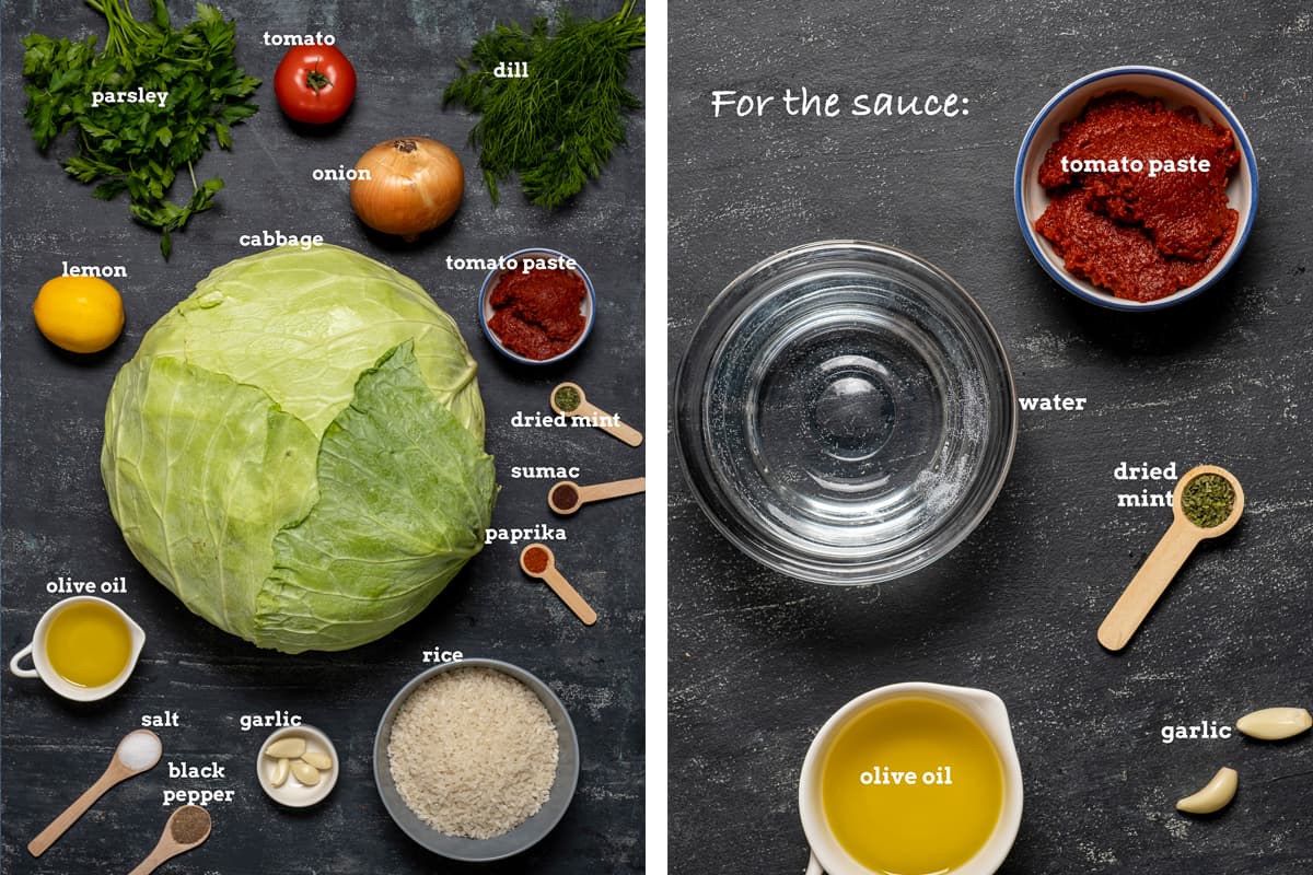 Cabbage rolls ingredients and tomato paste sauce ingredients combined in two images.