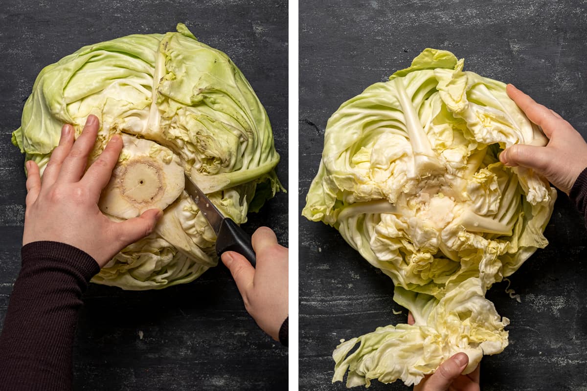 Two images showing how to separate cabbage leaves.