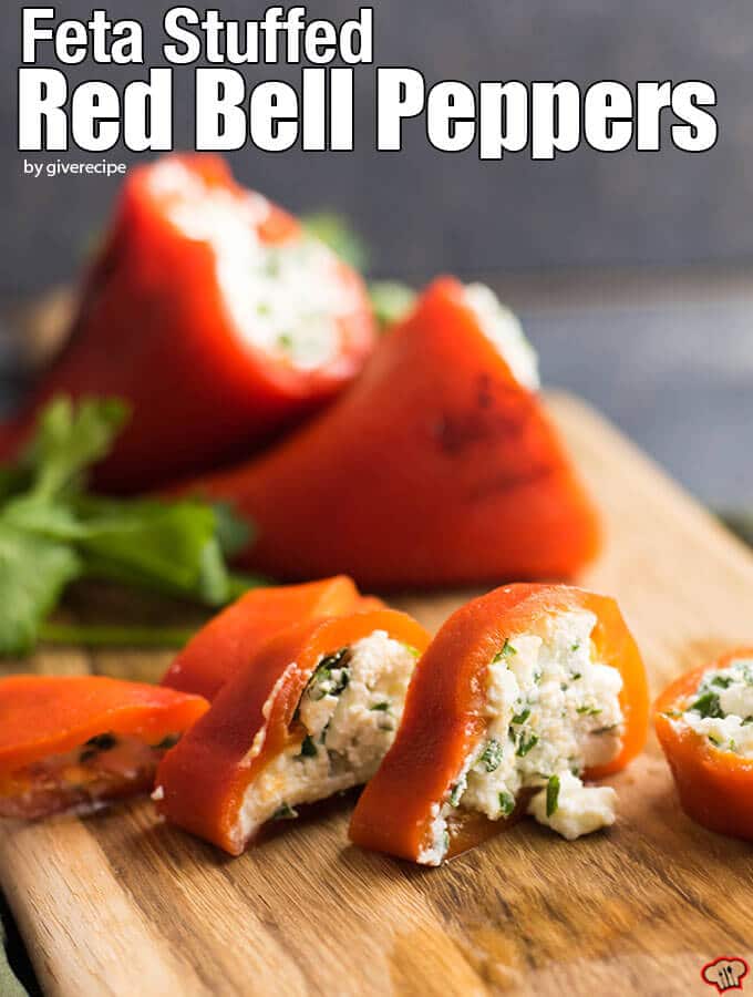 Feta Stuffed Red Bell Peppers make perfect appetizers for parties. Roasted red bell peppers are filled with a mixture of feta and greek yogurt. - giverecipe.com