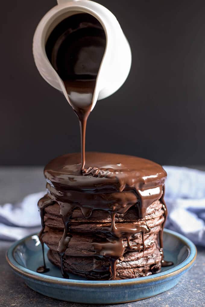 Chocolate pancake recipe with chocolate sauce on the top