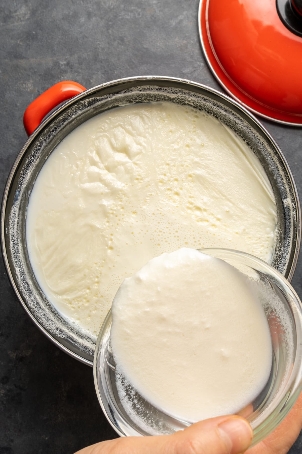 A hand pouring the mixture of yogurt starter and milk into the pot of milk.