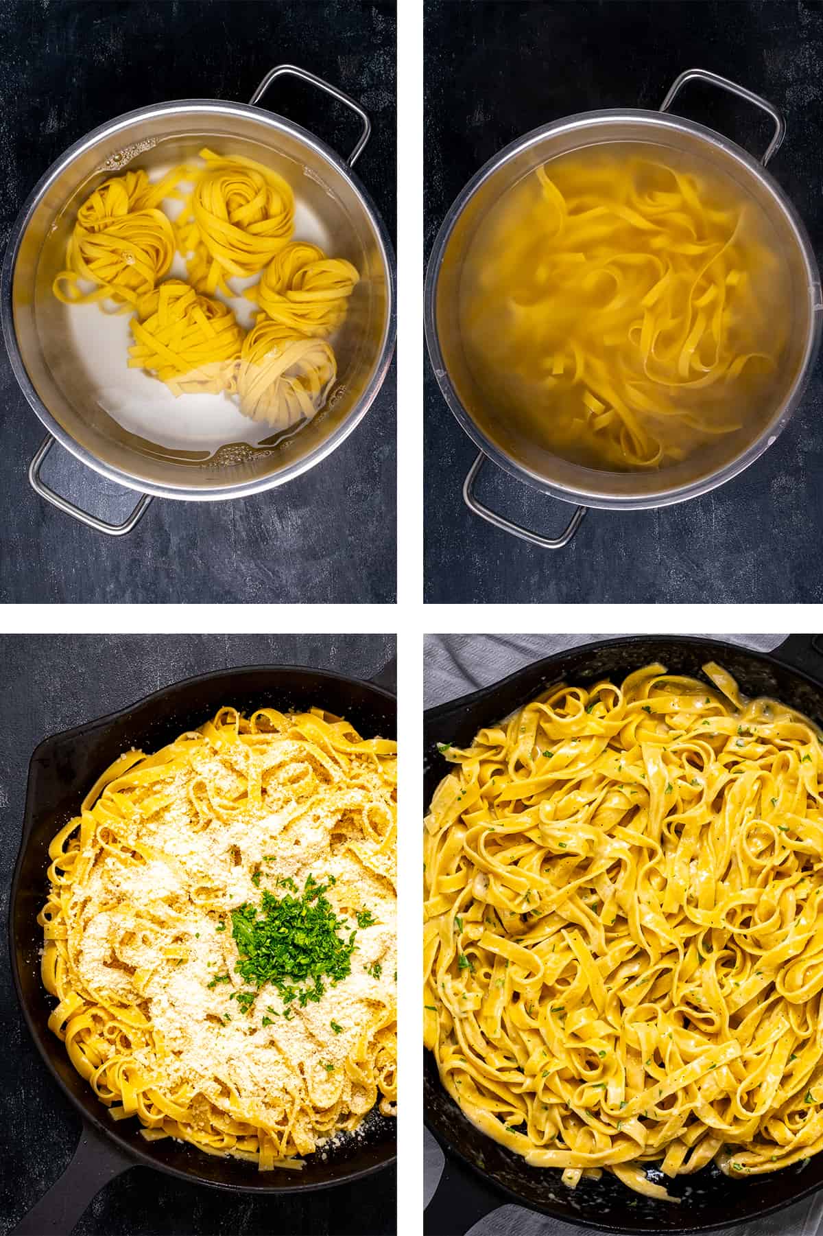 A collage of four pictures showing how to cook pasta and combine it with parmesan cheese.