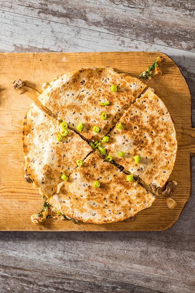 Spicy Beef Quesadillas make the best meal with leftover beef stir-fry. Ready in 10 minutes and disappear in seconds. - giverecipe.com