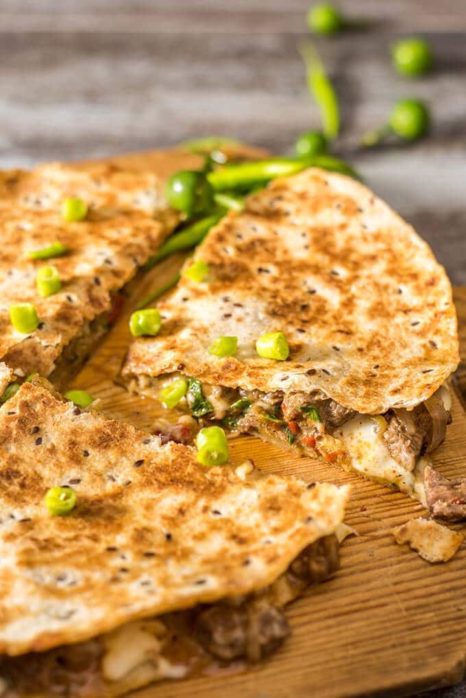 Spicy Beef Quesadillas make the best meal with leftover beef stir-fry. Ready in 10 minutes and disappear in seconds. - giverecipe.com