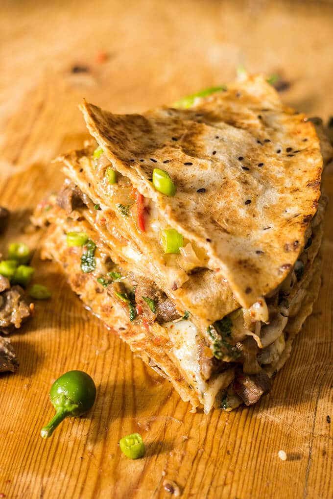 Spicy Beef Quesadillas make the best meal with leftover beef stir-fry. Ready in 10 minutes and disappear in seconds. - giverecipe.com
