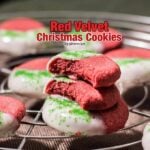 Red Velvet Christmas Cookies dipped into a cream cheese frosting. These are like bite-size cheesecakes. So easy to make. No need for chilling the dough!