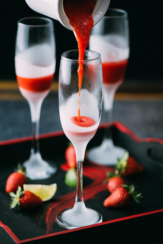 Strawberry lime champagne is a perfect cocktail with 3 ingredients only. Tasty, fancy and refreshing! Try it for your next celebration or weekend brunch.