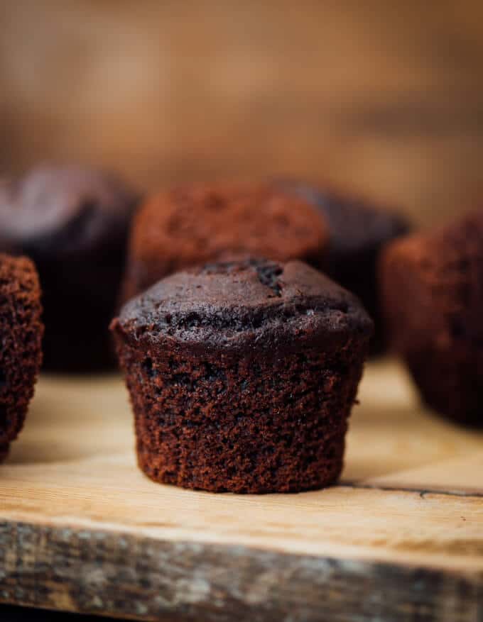 Buttermilk Chocolate Muffins on a wooden board