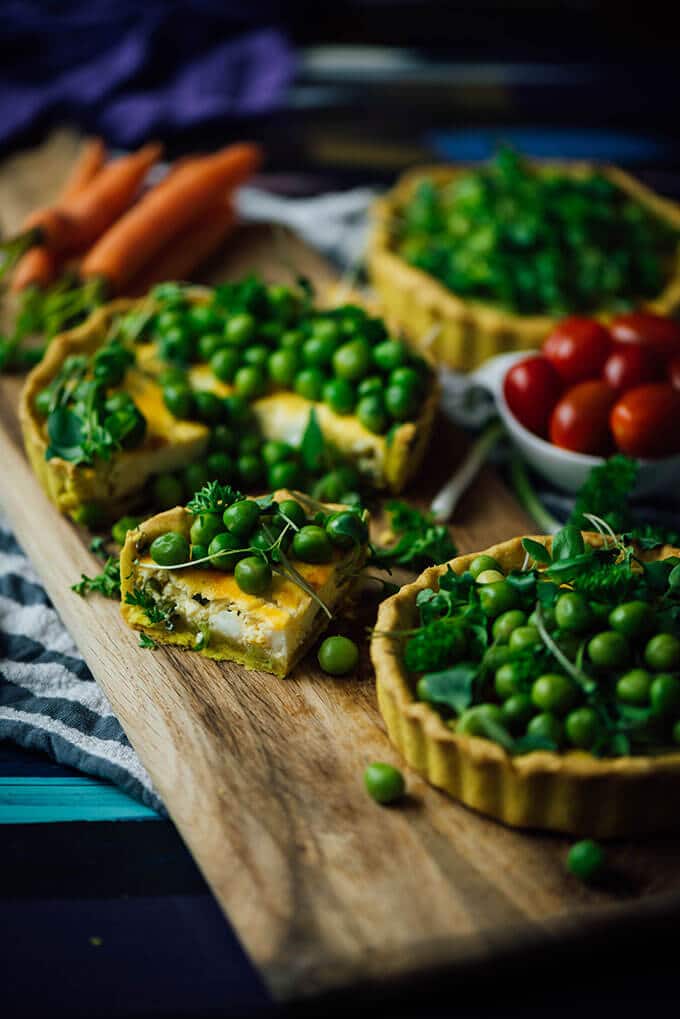 Cheese tart recipe with three cheeses, peas and herbs