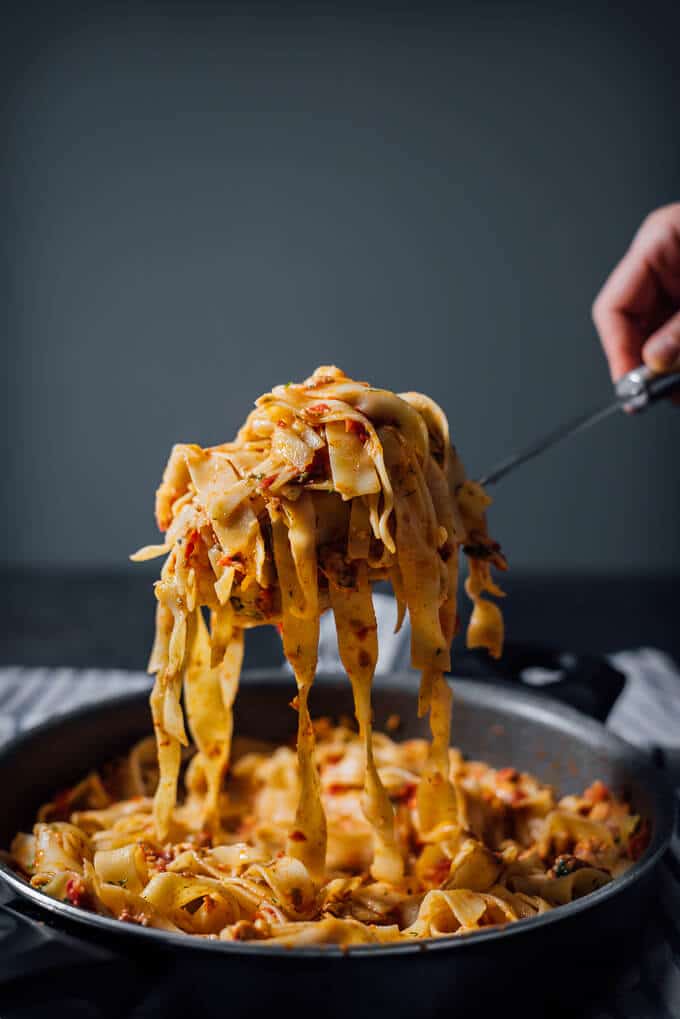 Fettucine with Salmon and Tomatoes can easily elevate any boring weeknight dinner. This is definitely a recipe your family asks for very often, if not every day. #sponsored