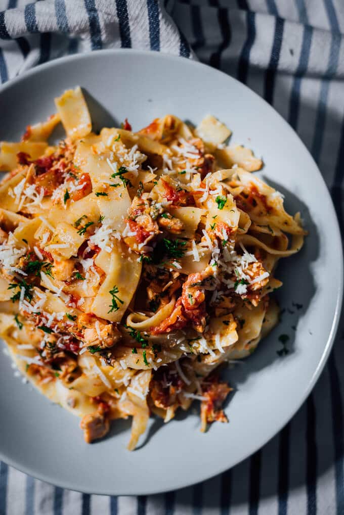 Fettucine with Salmon and Tomatoes can easily elevate any boring weeknight dinner. This is definitely a recipe your family asks for very often, if not every day. #sponsored