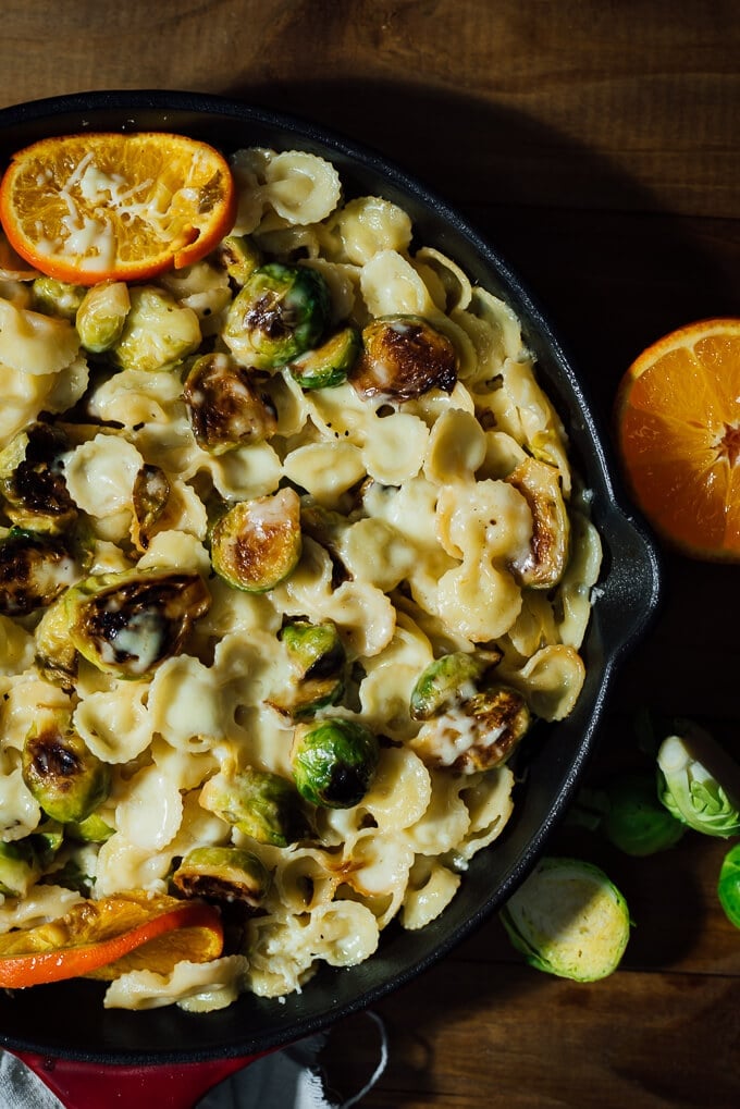 Cheesy Citrusy Brussels Sprouts Pasta is my new favorite pasta recipe. This is a creamy and comforting pasta with caramelized brussels sprouts flavored with orange. Kids will ask for more!
